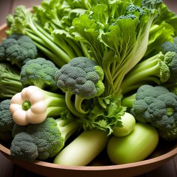 bowl of broccoli and other vegetables on a table top with a wooden spoon in it and a white flower