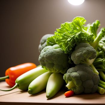 bunch of broccoli and other vegetables on a table with a light bulb in the background and a light bulb on the wall