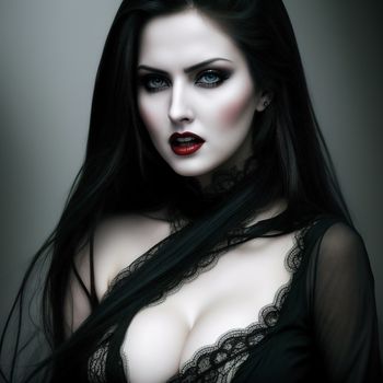 woman with long hair and a black dress with laces on her chest and a red lip and black eyes