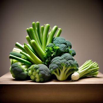 pile of broccoli and other vegetables on a table top with a gray background and a light brown background