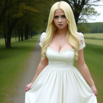 woman in a white dress posing for a picture in a park with trees in the background and a path leading to the park