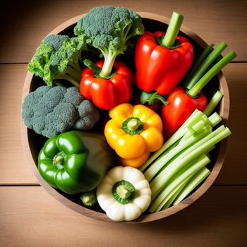 bowl of vegetables on a wooden table top view from above