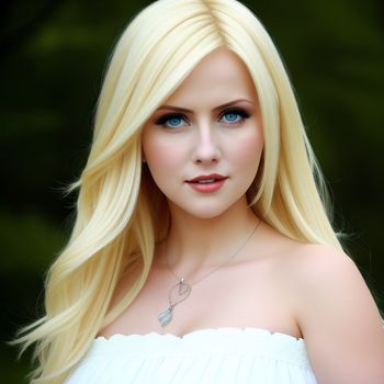 woman with blonde hair and blue eyes posing for a picture with a necklace on her neck and a green background