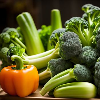 pile of broccoli and a pepper on a table with other vegetables in the background and a pepper on the table