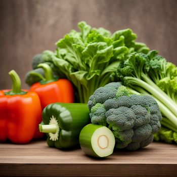 table topped with lots of green vegetables and veggies on top of it's wooden surface