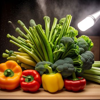 bunch of vegetables on a table with a light on it's side and a light on the other side