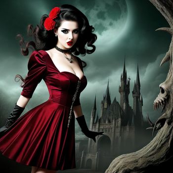 woman in a red dress and black gloves standing in front of a castle with a red rose in her hair