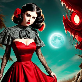 woman in a red dress standing in front of a dragon and moon background with a full moon behind her