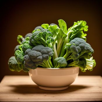 bowl of broccoli is sitting on a table top with a dark background and a brown background