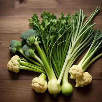 bunch of green vegetables on a wooden table with a wooden background with a few heads of broccoli