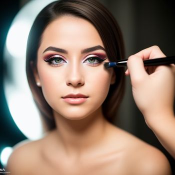 woman is putting on makeup with a brush in her hand and a mirror behind her is a mirror