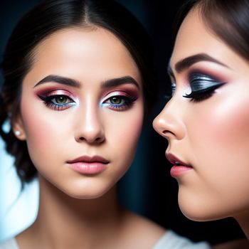 two women with makeup on their faces and one has a blue eye shadow on her face and the other has a pink lip