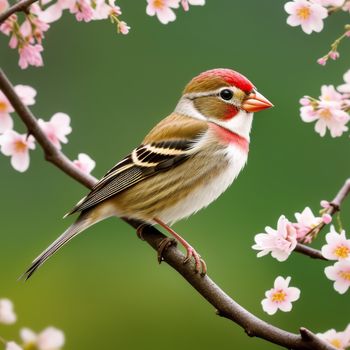 bird sitting on a branch with pink flowers in the background and a green background behind it