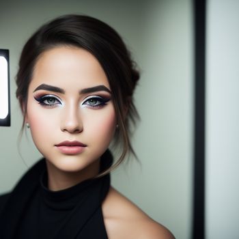 woman with a black dress and a light on her face and a mirror behind her with a light on it