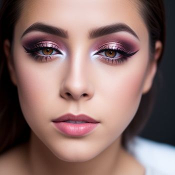 woman with a pink eye makeup and a white shirt is posing for a picture with her eyes closed