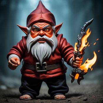 small toy with a red outfit and a sword in his hand and a flame in his hand