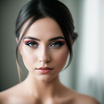 woman with a red eyeliner and a black hair is posing for a picture with a curtain behind her