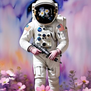 man in a space suit holding a rifle in a field of flowers with daisies in the background