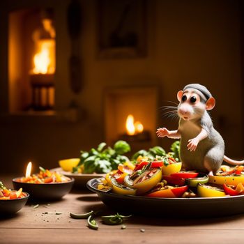 rat standing on a plate of food with a candle in the background and a plate of vegetables on the table