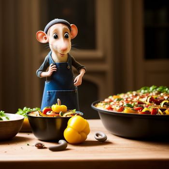 cartoon mouse standing next to a bowl of food and a plate of vegetables on a table with a plate of salad