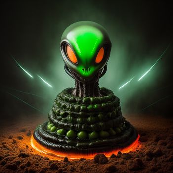 green alien head with glowing eyes and a spiraly base on a dark background with green and orange lights