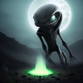 alien with glowing eyes and a glowing body is standing in a field with a full moon in the background