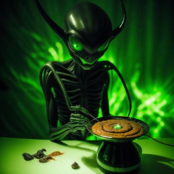 creepy looking alien is holding a plate of food with a green light behind it and a green light behind it