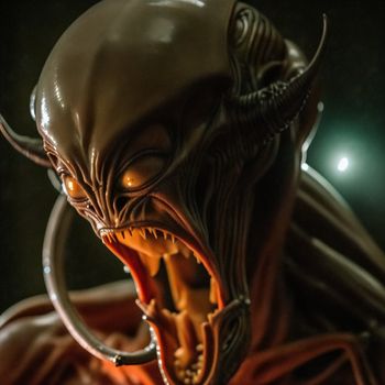 close up of a statue of a demon with its mouth open and teeth wide open with a light shining on it