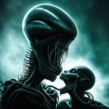 couple of aliens are kissing in the dark sky together