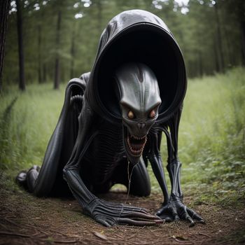 creepy alien is crawling through the woods with its mouth open and tongue out