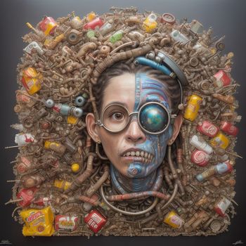 woman with a weird head made of objects and objects on her face and eyes