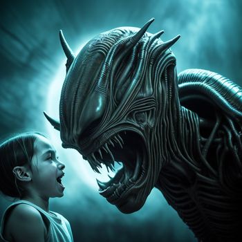 girl is standing next to a giant alien head in a dark room with a light shining on her