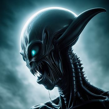 alien with glowing eyes and a creepy look on his face is staring at the camera in a dark sky