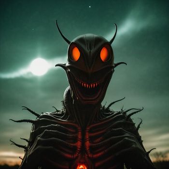 creepy looking alien with glowing eyes and a red light in his mouth is standing in a field at night