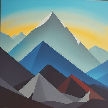 painting of a mountain range with a sunset in the background and a blue sky with clouds and a few oranges