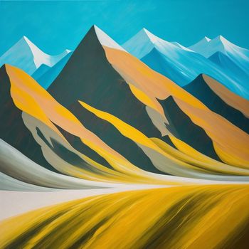 painting of a mountain range with yellow grass and blue sky in the background