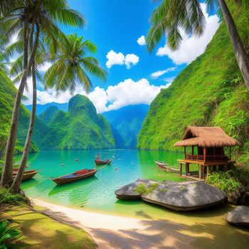 tropical beach with a hut and boats on the water and palm trees in the foreground and a mountain range in the background