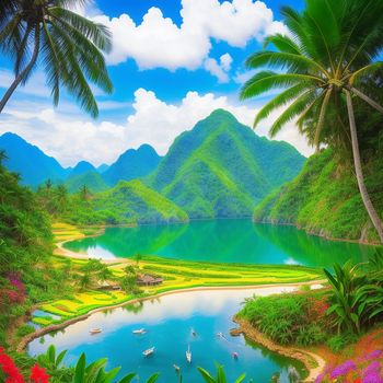 painting of a tropical landscape with a lake and mountains in the background and boats in the water and palm trees