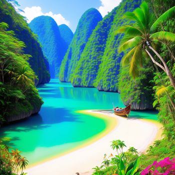 painting of a boat on a tropical beach with a lagoon and mountains in the background