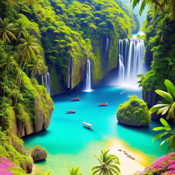 beautiful waterfall with boats in the water and a waterfall in the background with pink flowers and trees around