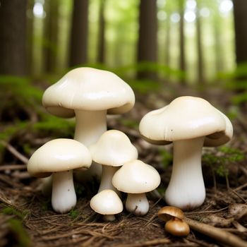 group of mushrooms sitting on the ground in the woods next to a tree stump with a few mushrooms growing on it