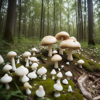 group of mushrooms growing on a mossy ground in a forest with trees in the background and a few white mushrooms growing on the ground