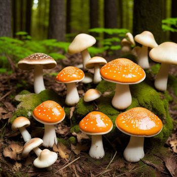 group of mushrooms in the forest with moss and leaves on the ground and trees in the background