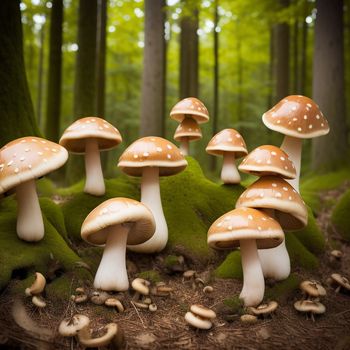 group of mushrooms in a forest with green moss and mushrooms on the ground and trees in the background