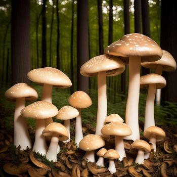 group of mushrooms growing in a forest of mushrooms and leaves on the ground