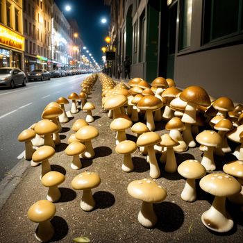 bunch of mushrooms are lined up on the side of the road in front of a building at night