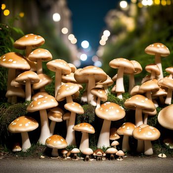 group of mushrooms are growing in the grass near a street light at night time