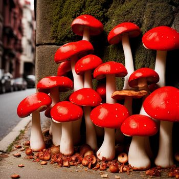 group of mushrooms growing on the side of a road next to a building with a mossy wall