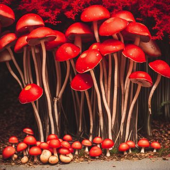 group of red mushrooms growing out of the ground next to a bush of red flowers and trees in the background