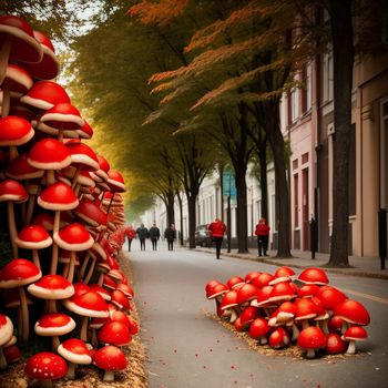 group of mushrooms that are on the side of a road next to a building and a street sign